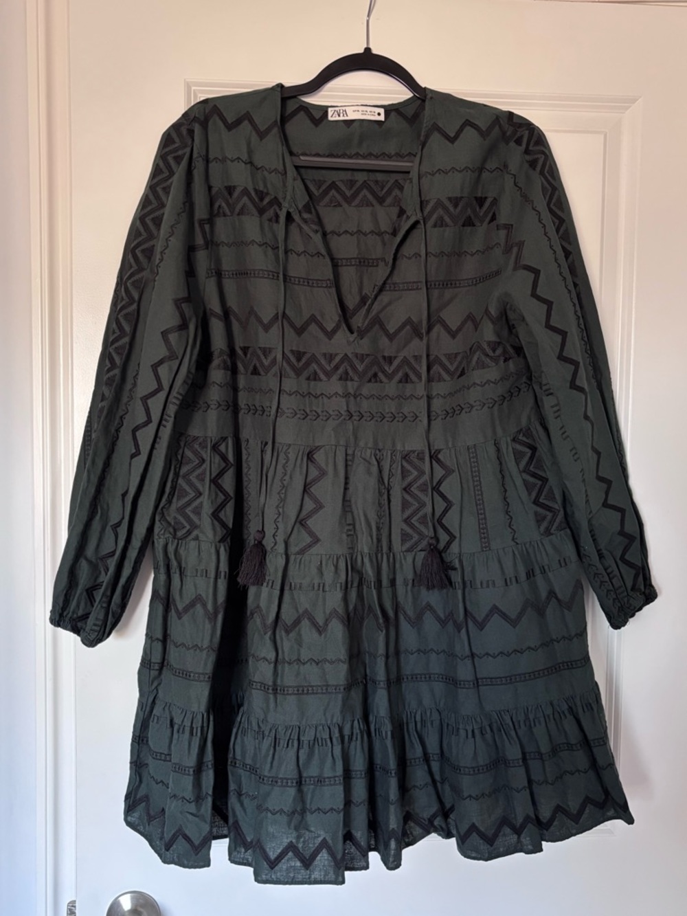 Zara Dark Green Embroidered Long Sleeve Mini Dress
